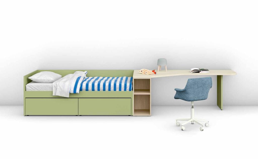 SPACE 6 LETTO TIPO B / BED TYPE B Il letto attrezzato con cassettoni e lo scrittoio sono perfettamente allineati, grazie all elemento retroletto con vani a giorno.