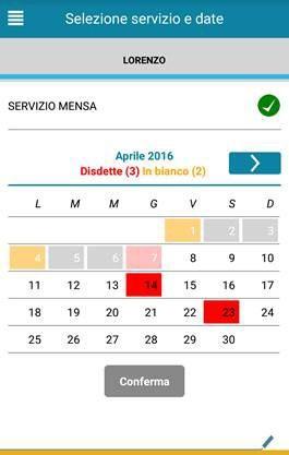 Una volta selezionato il servizio, sarà visualizzato il calendario, per il mese corrente. Il servizio attivo sarà indicato con un segno di spunta verde.