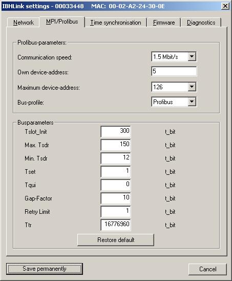 Nella finestra MPI/Profibus, impostare: Communication speed - Baudrate Own device Address - indirizzo MPI /PPI/Profibus da assegnare al NL50-MPI / NT50-MPI.