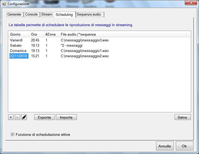 3.8. Scheduling Per scheduling si intende la possibilità di compilare un calendario per l emissione automatica di messaggi preregistrati in stream.