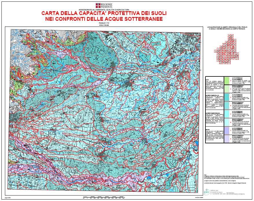 Fig. 11. Carta della capacità protettiva dei suoli nei confronti delle acque sotterranee (Scala 1:50.000 - Foglio 173): area di pianura a sud-ovest di Torino fino al corso dei fiumi Pellice e Chisone.