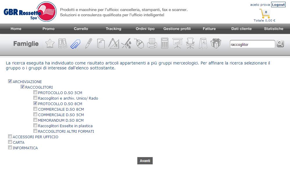 RICERCA PER DESCRIZIONE. Oltre alla navigazione descritta precedentemente esiste la possibilità di ricercare gli articoli per descrizione, utilizzando la casella presente nella barra delle famiglie.