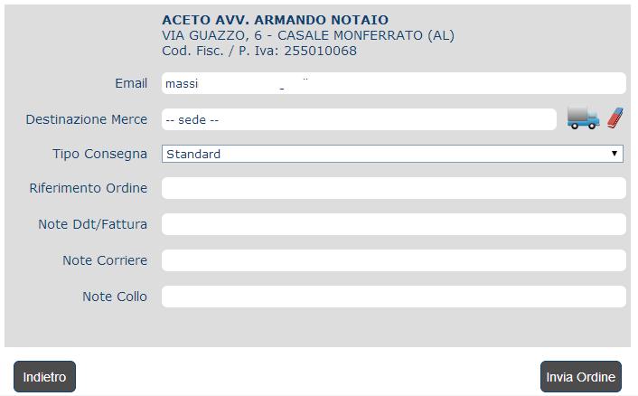 Figura 14 Posso modificare la mail o aggiungere un altro indirizzo (separato da ; come nell esempio) a cui inviare la notifica dell ordine; Scegliere una destinazione merce diversa dalla sede