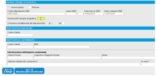 3. Sezione Quadro Disagio Economico e fornitura All'interno della Sezione "Quadro Disagio Economico" viene automaticamente proposta "X" al campo Nuova istanza.