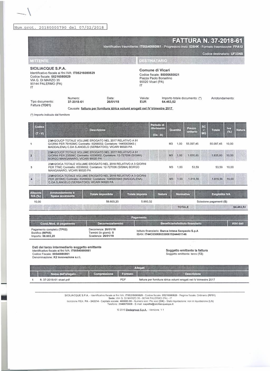 INum.prot. 20180000790 del 07(02(2018 SICILIACQUE S.P.A. Identificativo fiscale ai fini IVA: IT05216080829 Codice fiscale: 05216080829 VIA G.