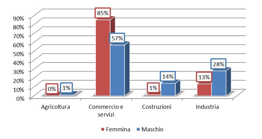 Figura 19 - Avviamenti per genere e settore di attività economica, Anno Avviamenti per professioni e genere Come è possibile osservare dalla Figura sottostante, il 10% degli avviamenti per il genere