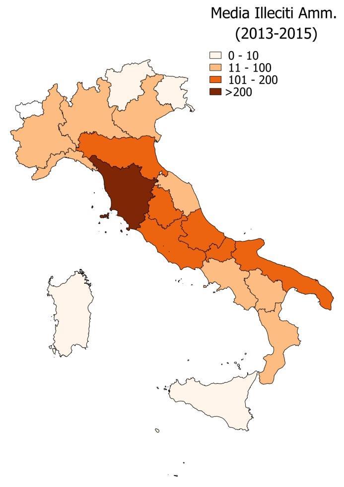 Figura 2 - Numero medio di illeciti amministrativi relativi al bracconaggio riscontrati nel periodo 213-215.