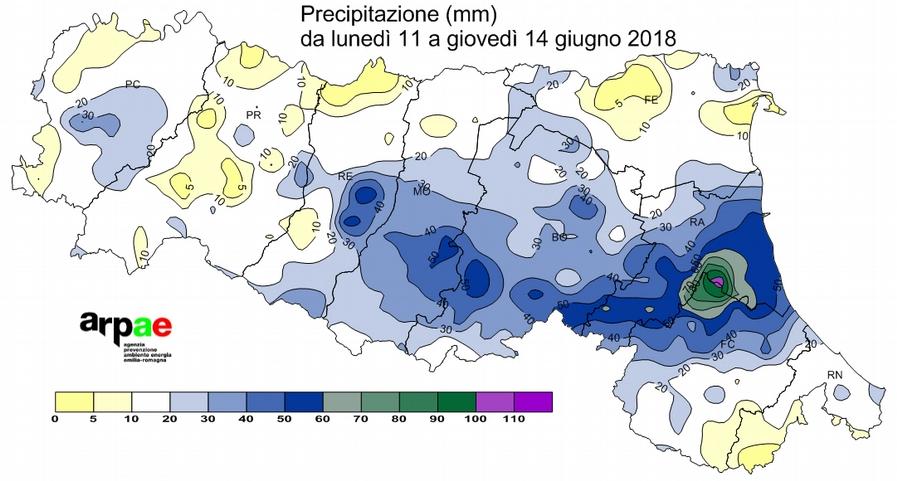 più intense si sono registrate in Romagna nella giornata di giovedì 14 con cumulate giornaliere tra 90 e 99 mm.