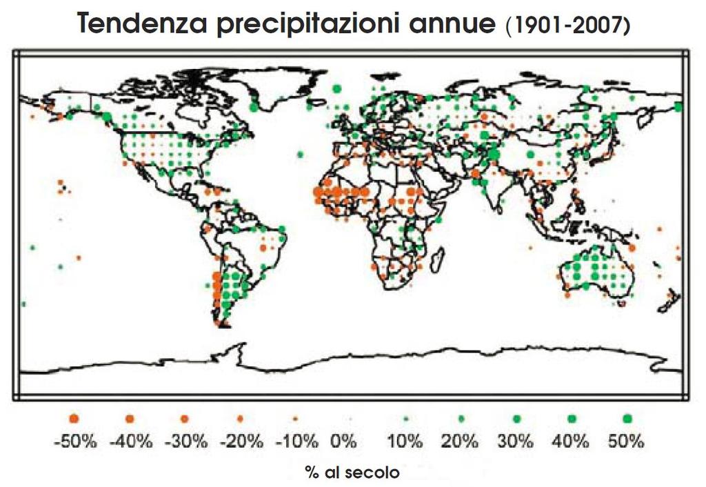 Variazioni nella quantità di precipitazioni intervenute nel periodo 1901-2007 in diverse regioni della Terra.