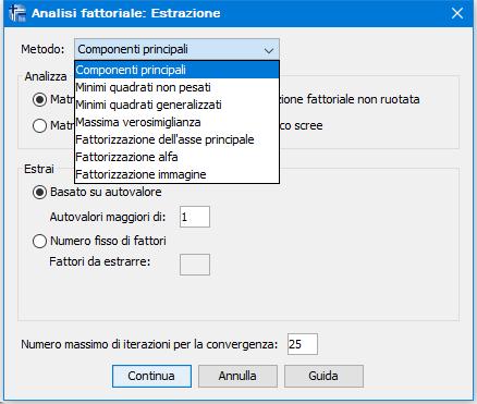 SPSS: EFA Metodi di estrazione I metodi più usati sono Fattorizzazione degli assi principali e Massima verosimiglianza Il primo è il corrispondente delle Componenti