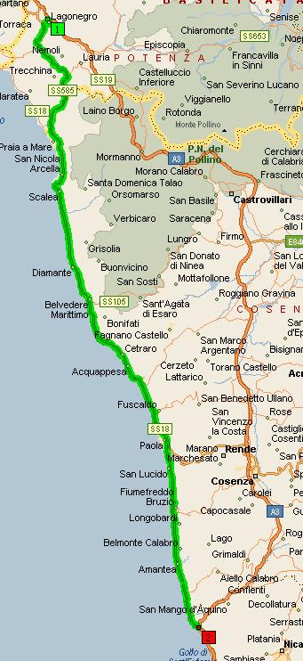 A/3 Napoli - Reggio Calabria tratto Lagonegro Nord - Falerna Uscita: Lagonegro Nord Entrata: Falerna 150 km SS 585 Fondo Valle del Noce -