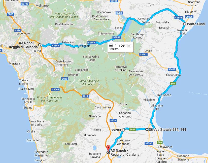 A/3 Napoli - Reggio Calabria tratto Lauria Nord Tarsia Nord Uscita: Lauria Nord Entrata: Tarsia Nord 169 km SS 653