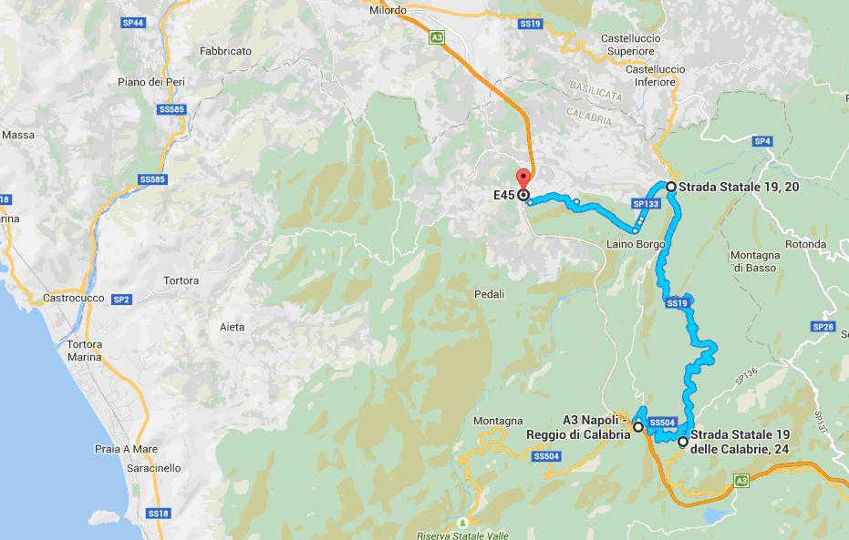 A/3 Salerno - Reggio Calabria tratto Mormanno Laino Borgo Uscita: Mormanno Entrata: Laino Borgo Km 26 SP 3 SP 146 Strade Comunali Laino