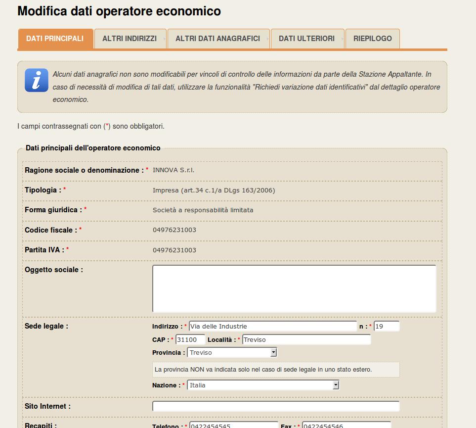 Il processo di modifica è analogo a quello di registrazione sopra descritto.