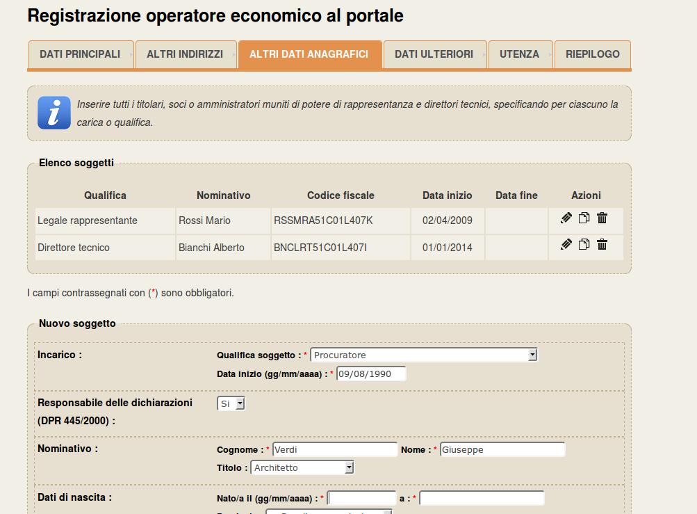 Procedere con l inserimento di tutti i titolari legali rappresentanti, soci o amministratori muniti di potere di rappresentanza e direttori tecnici, specificando per ciascuno la carica o qualifica.