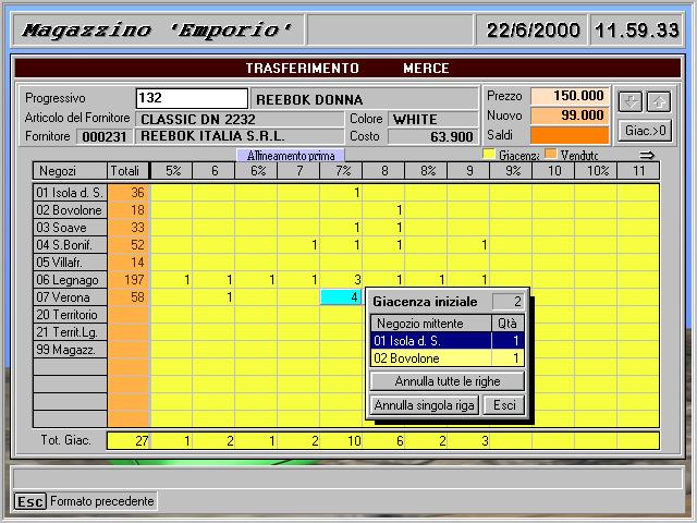 10 - MODULO OPZIONALE: Ordini di trasferimento di merce tra negozi (gestione magazzino): La funzione è effettuata dalla sede (anche con notebook, trasportabile): sullo schermo del Computer vengono