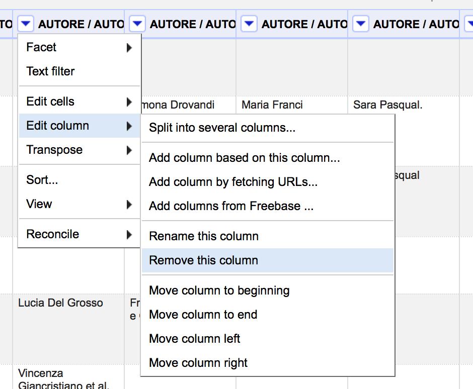 column e poi remove this column (vedi figura sotto). A questo punto abbiamo solo una colonna con il nome del primo autore.
