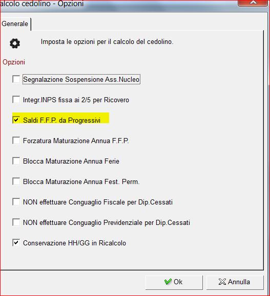 scelta SALDI FFP DA PROGRESSIVI. La stessa operazione andrà eseguita nel mese di Febbraio per coloro che hanno effettuato le chiusure dopo aver elaborato il mese di Gennaio.