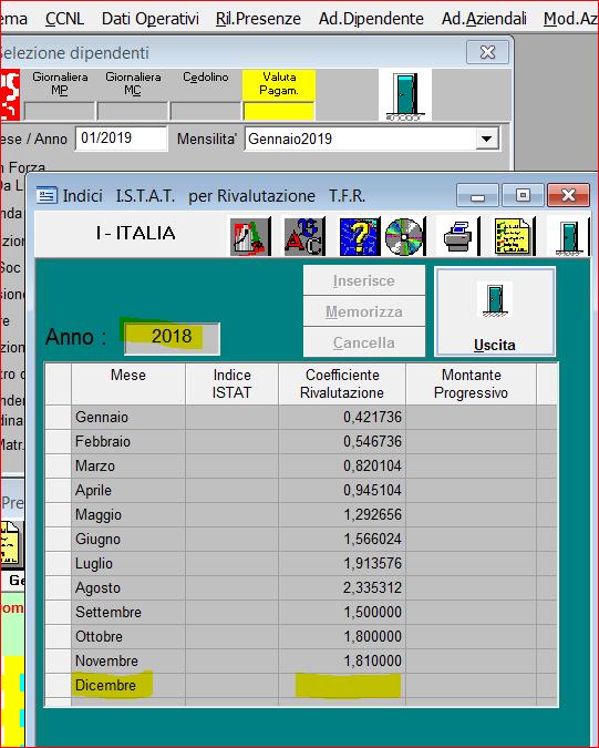 Amministrazione del personale - Dati operativi Indici rivalutazione TFR Inserire l indice Istat TFR del mese di Dicembre