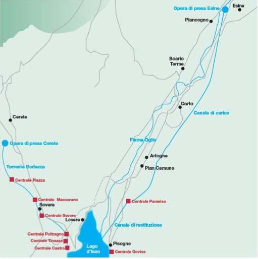 Localizzazione degli impianti gestiti da Idroelettrica Lombarda (da brochure di Idroelettrica Lombarda).