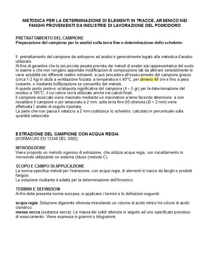 METODICHE DI LABORATORIO INCONTRO CON I LABORATORI PER LA SCELTA DEL METODO DA UTILIZZARE DETERMINAZIONE DI ELEMENTI IN TRACCE: METODO DI ESTRAZIONE CON ACQUA REGIA UNI EN 13346/2002