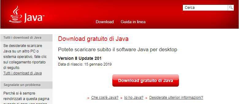 com/it/download/ e cliccare su Download gratuito di Java: Seguire le istruzioni di installazione.