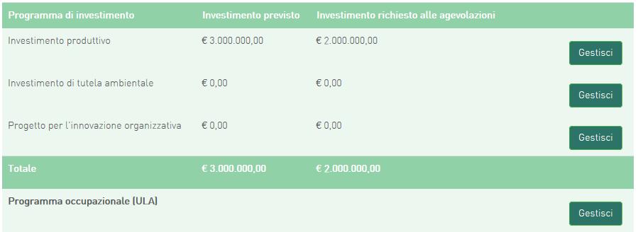 Figura 31 Elenco investimenti produttivi Dopo aver inserito le informazioni richieste, il sistema abiliterà il tasto Gestisci del Progetto per l innovazione organizzativa e quello per