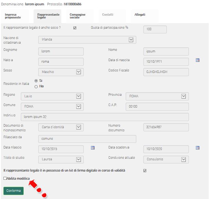 Figura 77 Dati Rappresentante legale Anche in questo caso, qualora fosse necessario modificare i dati, l utente potrà inserire le nuove informazioni valorizzando il check Abilita modifica (Figura 77).
