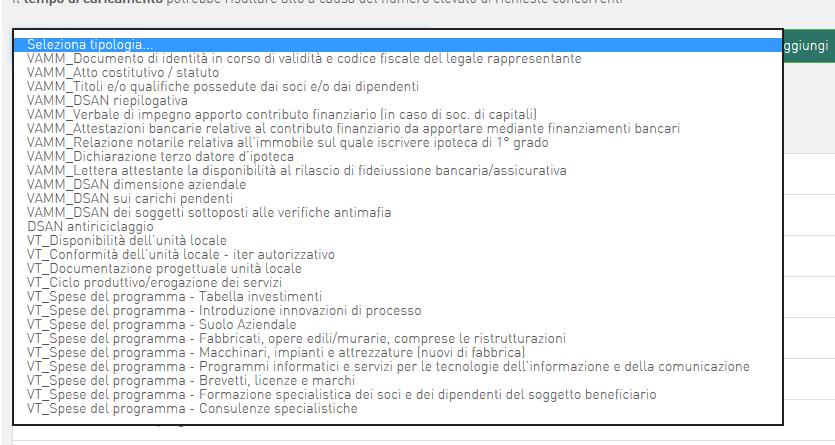 Figura 98 Caricamento allegati Cliccando su menù a tendina Seleziona tipologia (Figura 99) l utente visualizzerà tutti gli allegati per la verifica tecnica (VT) e quella amministrativa (VAMM)