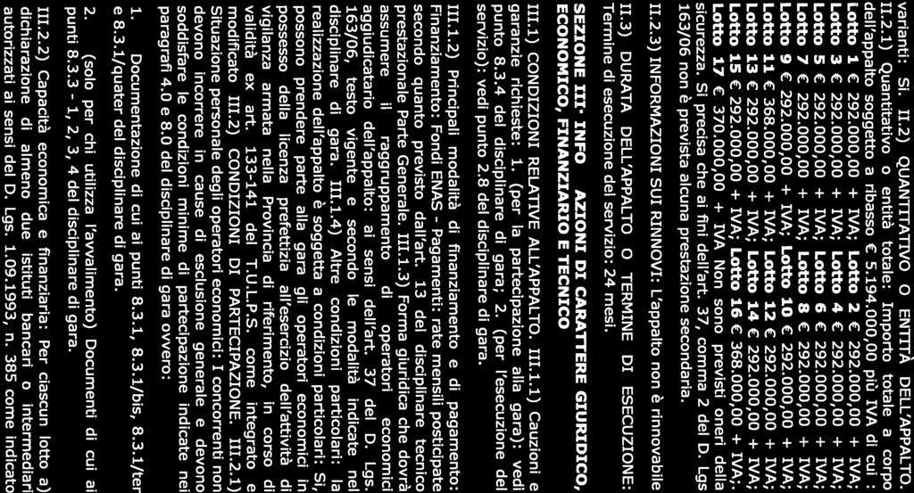 varianti: Si. 11.2) QUANTITATIVO O ENTITÀ DELL APPALTO. 11.2.1) Quantitativo o entità totale: Importo totale a corpo dell appalto soggetto a ribasso 5.194.000,00 più IVA di cui.: Lotto i. 292.