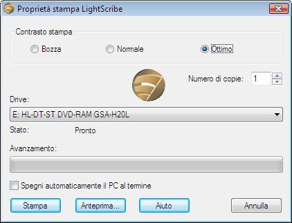 Stampa di etichette LightScribe Finestra Proprietà stampa LightScribe Sono disponibili le seguenti opzioni: Area Contrasto stampa Consente di regolare la qualità di stampa richiesta.