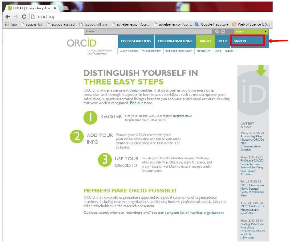 Si viene re-indirizzati alla homepage di ORCID: per completare la
