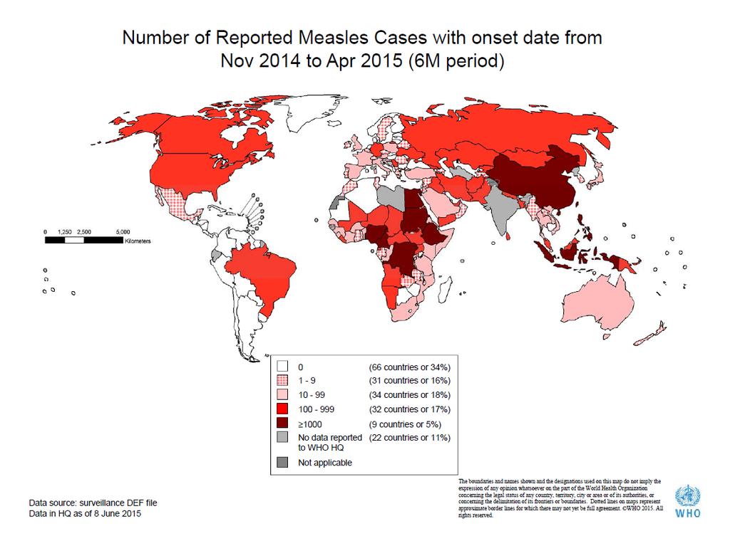 Situazione del morbillo e della rosolia nel mondo La Figura 4 mostra il numero di casi di morbillo segnalati nel mondo, con data d insorza sintomi da embre 2014 ad ile 2015.