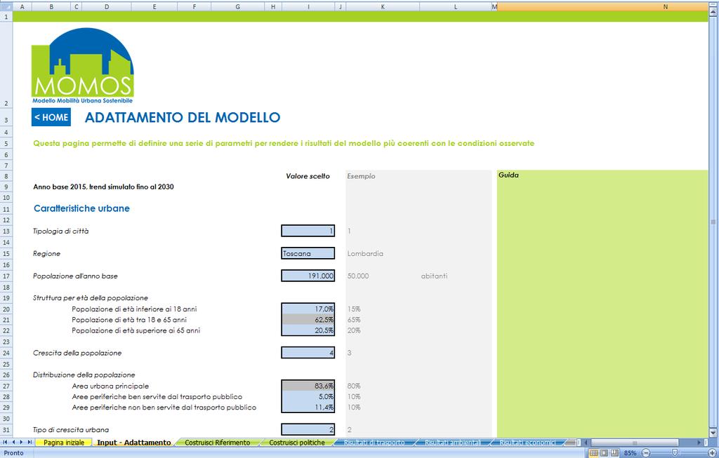 Adattamento del modello La sezione di Adattamento del modello consente di inserire i parametri descrittivi dell area di studio al fine di rendere i risultati del modello più coerenti con le