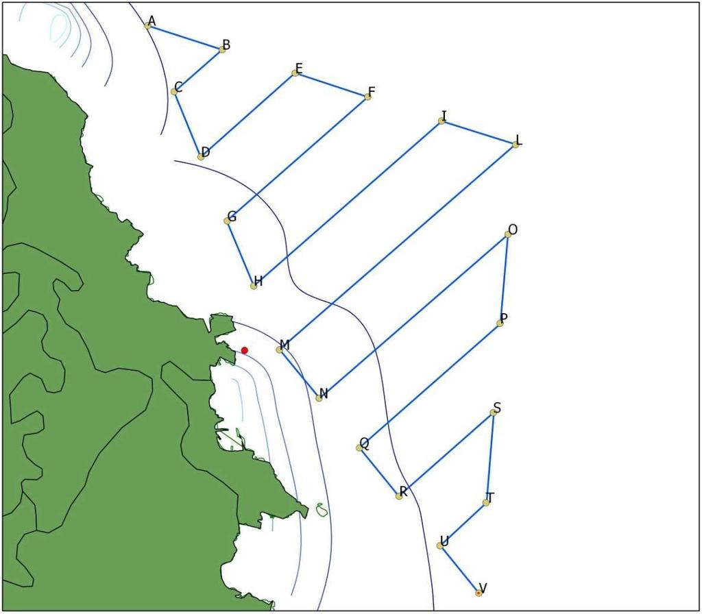 F e/o L e durante il transetto a Sud (L-M-N-O-P-Q-R-S-T-U-V) presso i punti V e P (vedi figura 6); tuttavia, a seconda delle condizioni meteo-marine, questo schema generale può subire variazioni.