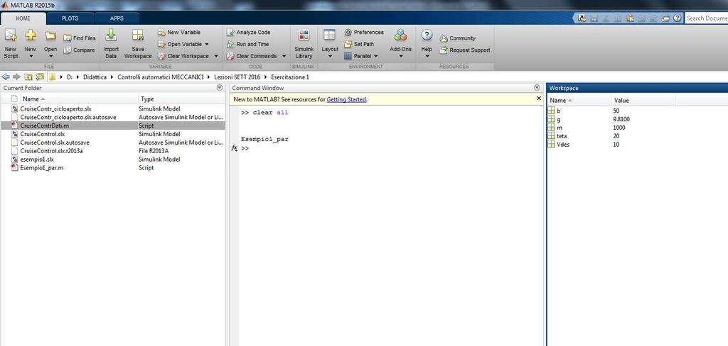 Si verifichi la corretta esecuzione dello script ispezionando direttamente il contenuto del workspace di Matlab dalla finestra principale