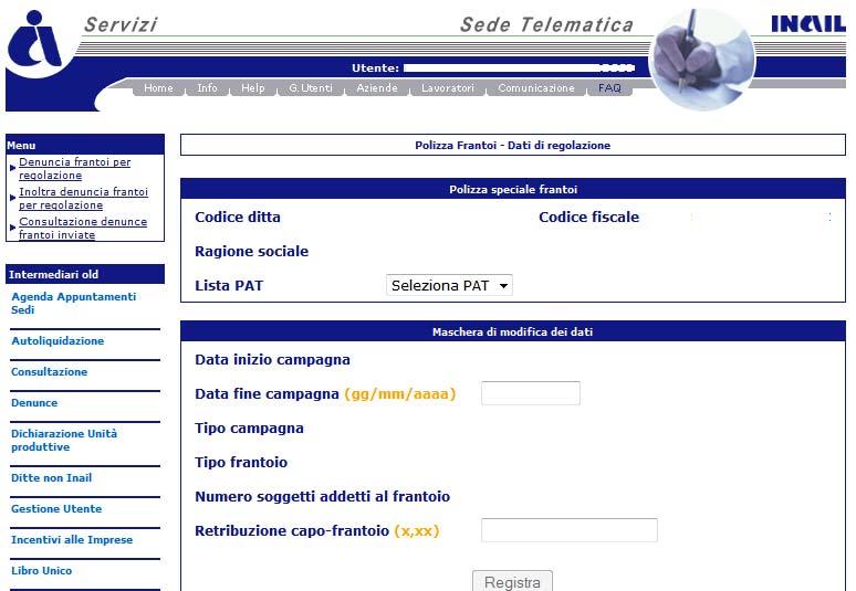 Figura 20 Per procedere l utente seleziona la PAT, su cui è attiva la polizza frantoi, dall apposita lista; in questo modo viene attivata la Maschera di modifica dei dati e visualizzato l