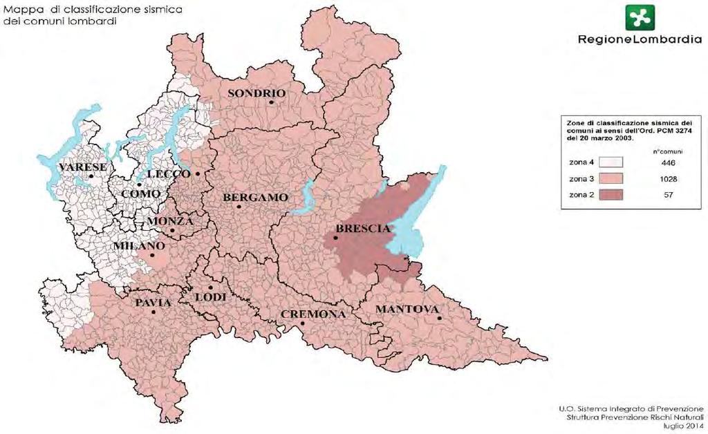 Figura 16 - Riclassificazione sismica dei comuni della Regione Lombardia ai sensi della D.g.r. n. X/2129 del 11 luglio 2014. La freccia indica l ubicazione dell area indagata.