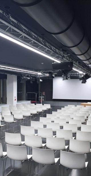 Impianto video Impianto luci Free Wi-Fi 8x5 m screen 3x9 m stage Modular speaker s table Lectern White chairs (up to 450) Control room and technical support Dressing rooms Audio system Video system