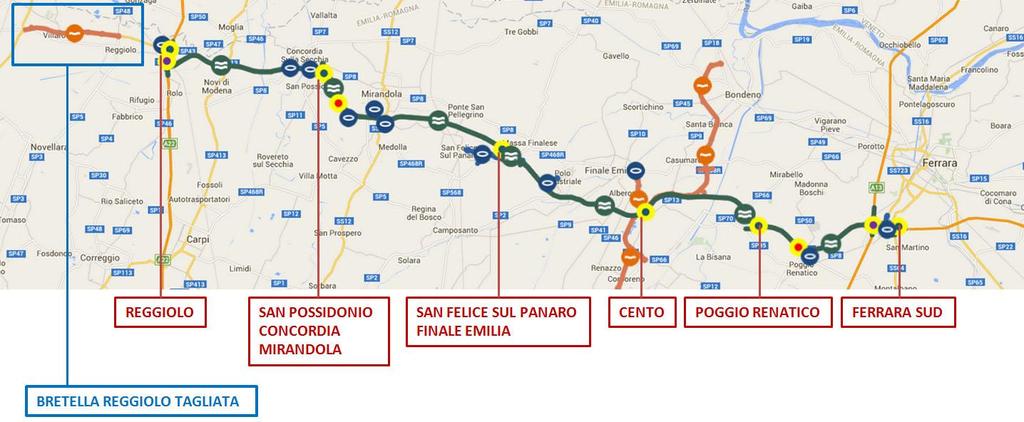 La Cispadana: riepilogo L Autostrada Regionale Cispadana collegherà la A13 (Bologna - Padova) e la A22 (Autobrennero): agli estremi del percorso, lungo circa 67 chilometri, vi saranno il casello di
