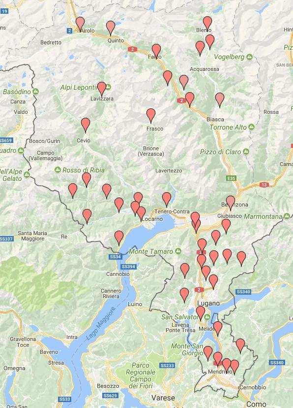 2.3 La situazione attuale del tiro in Ticino La seguente mappa mostra i poligoni esistenti su suolo ticinese: 2 Per quanto i poligoni risultino ben distribuiti sul territorio, quelli in prossimità