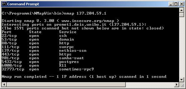 Programma NMAP nmap HOST effettua un port scanning sulla macchina HOST e visualizza le porte TCP corrispondenti a processi in fase di ascolto (SERVER) Port Scanning: si invia un SYN
