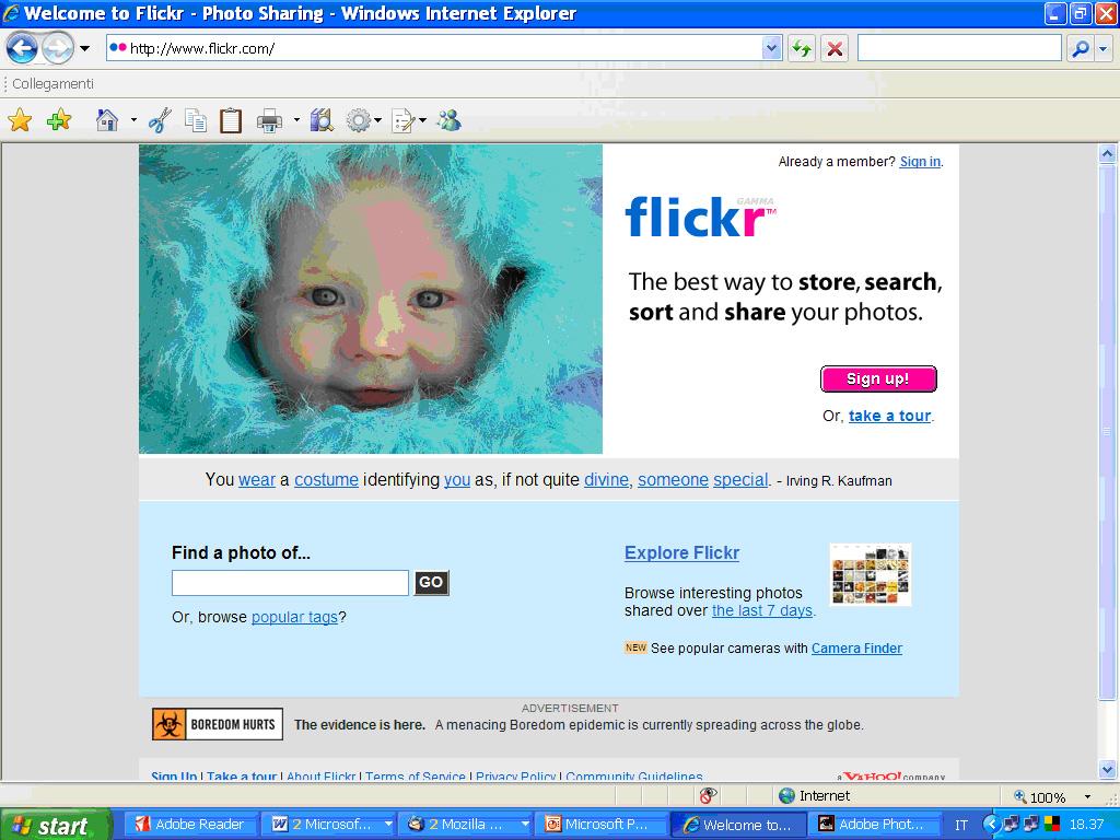 Flickr Nel 2004 nasce Flickr.com, oggi proprietà di Yahoo, grande sito di photosharing.