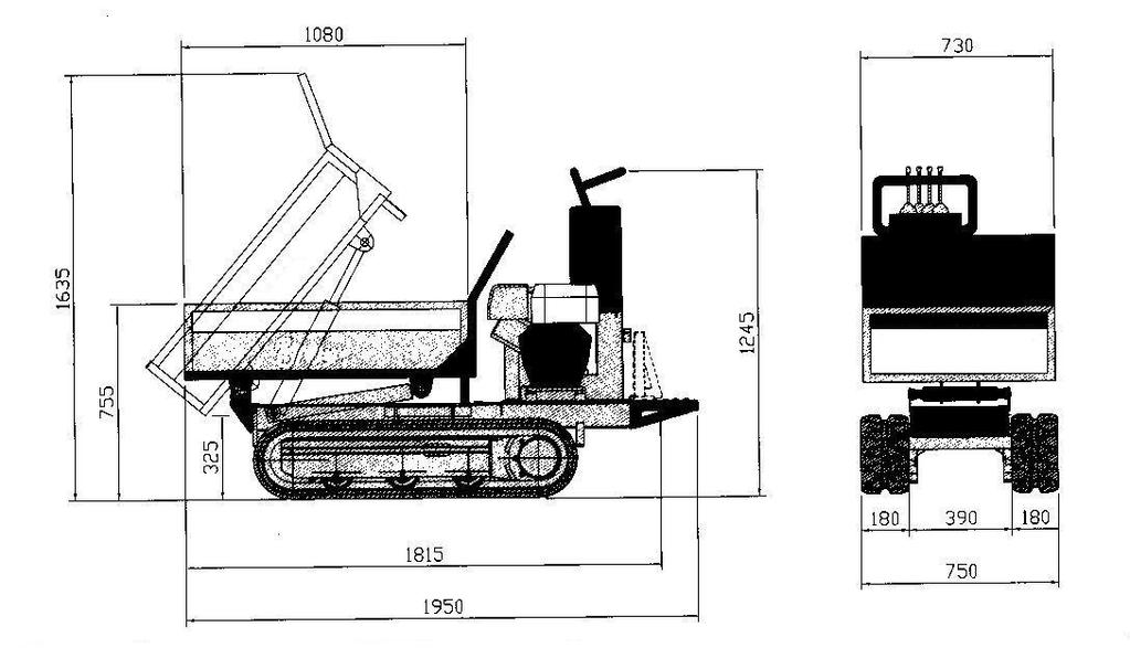 n. 1 kit pianale agricolo Portata utile: kg 850 Peso kit: kg 70 Ribaltamento idraulico Dimensioni ed ingombri: come da disegno 1 kit miniescavatore n.