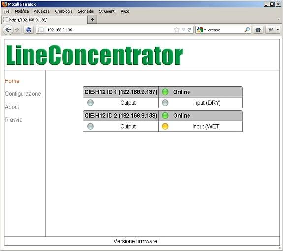 Configurazione del LineConcentrator Per la configurazione del LineConcentrator è necessario aprire dal browser web di un PC connesso alla stessa LAN del modulo l indirizzo http://192.168.