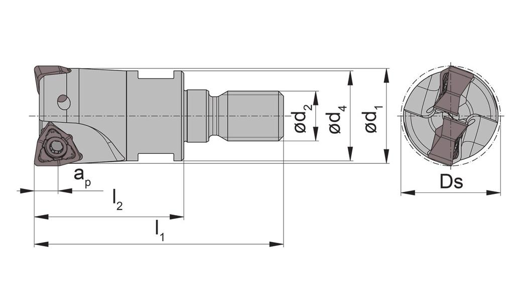 Corps de fraise vissé Fresa avvitabile DA62 Diamètre de coupe Diametro Ds 20-32 mm atière du corps: acier Gambo in acciaio Plaquette amovible DA62 SDA62 Illustration de coupe à droite représentée