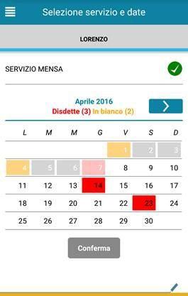 Una volta selezionato il servizio, sarà visualizzato il calendario ad esso relativo, per il mese corrente. Il servizio attivo sarà indicato con un segno di spunta verde.