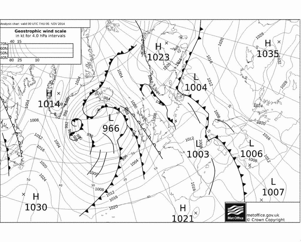 Figura 2. Mappa delle isobare e dei fronti al livello del mare delle ore 13 del 5 novembre 2014. Nella figura 1 è mostrata la mappa della superficie 500 hpa delle ore 13 del 5 novembre.