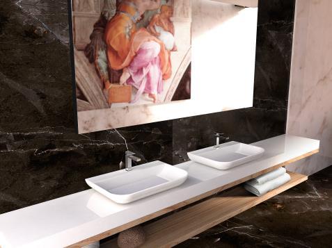 2. DESIDERI, IL TOTAL LOOK DI GRAFF ZOOM SUL LAVABO CHARIS E SULLA COLLEZIONE (VASCA E LAVABO) MUSA Un catalogo artistico: DESIDERI. Un materiale versatile: SLEEK-STONE.