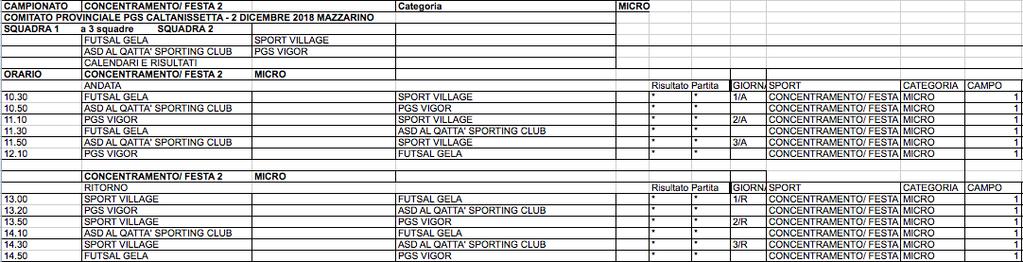 CALENDARIO GARE CONCENTRAMENTO/FESTA DEL 2 DICEMBRE 2018 MAZZARINO.